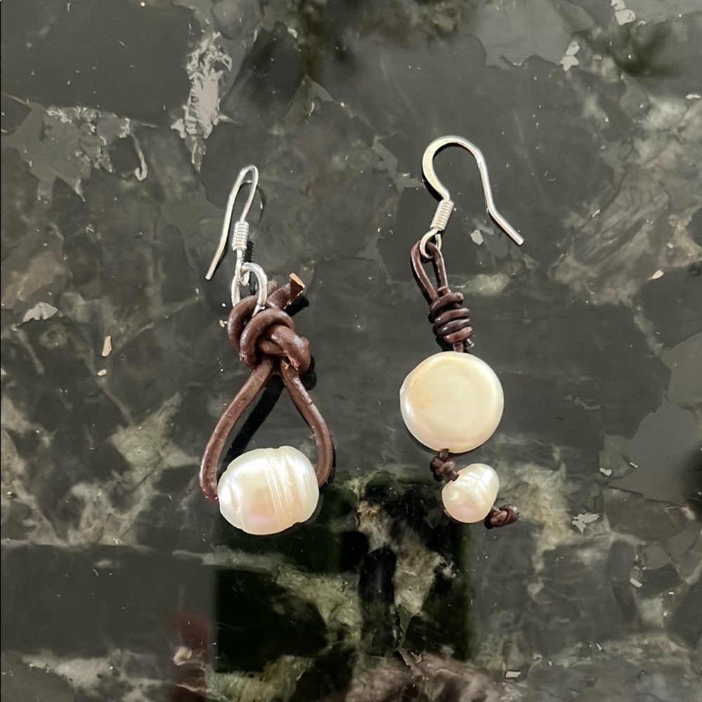 Handcrafted Brown Leather and Pearl Drop Earrings